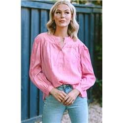 Bonbon Button Split Neck Pleated Puff Sleeve Blouse