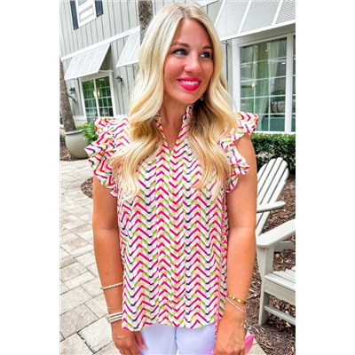 Multicolour Chevron Print Ruffled Sleeve Blouse