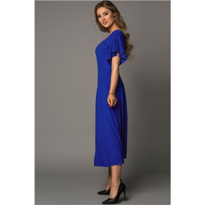 Синее длинное платье с V-образным вырезом и оборками на рукавах на рукавах