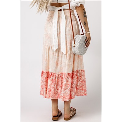 Розовая многоярусная юбка-миди с цветочным принтом