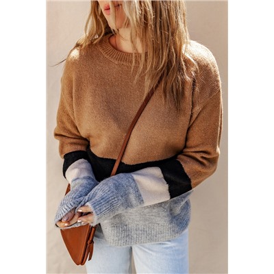 Brown Color Block Striped Ribbed Knit Sweater