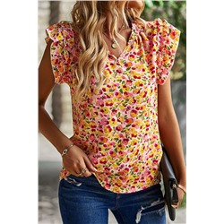 Yellow Floral Print Flutter Sleeve V Neck Tank Top