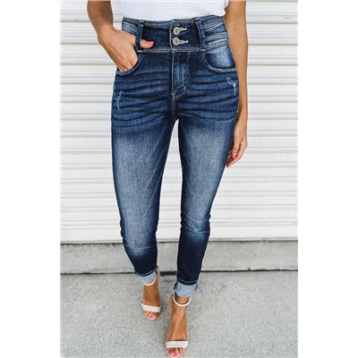 Blue Vintage Washed Two-button High Waist Skinny Jeans