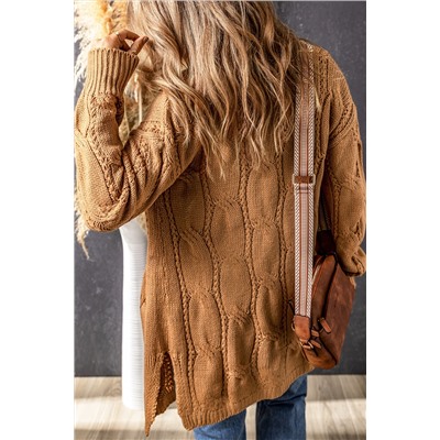 Khaki Ribbed Trim Eyelet Cable Knit Cardigan