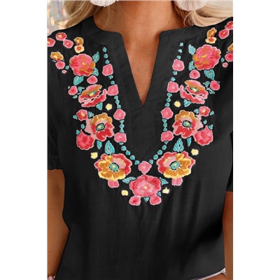 Black Floral Embroidered Ruffled Puff Sleeve Blouse