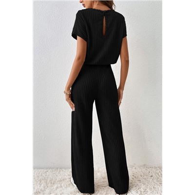 Black Solid Color Ribbed Short Sleeve Wide Leg Jumpsuit