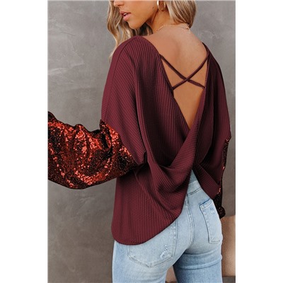 Biking Red Sequin Patchwork Sleeve Open Back Waffle Knit Top