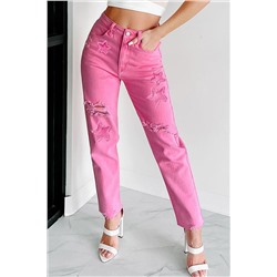 Розовые джинсы МОМ с разрезами и аппликацией