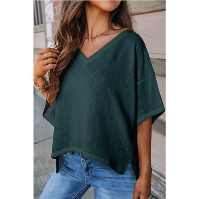 Blackish Green V Neck Knitted Flowy Blouse