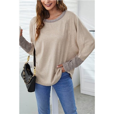 Khaki Contrast Cuffs Batwing Sleeve Loose Top