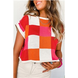 Fiery Red Color Block Cap Sleeve Sweater