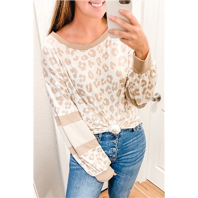 Bright White Leopard Print Round Neck Puff Sleeve Top