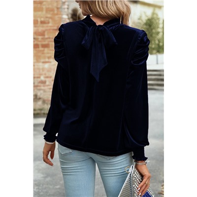 Navy Blue Mock Neck Puff Sleeve Velvet Blouse