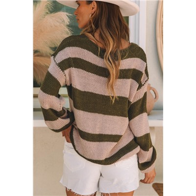 Green Striped Colorblock Knit V Neck Loose Fit Sweater