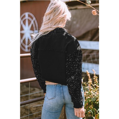 Black Sequin Sleeve Pocketed Raw Hem Denim Jacket