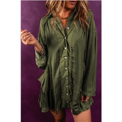 Темно-зеленое атласное платье-рубашка