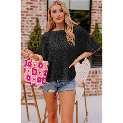 Black Pointelle Knit Scallop Edge Short Sleeve Top