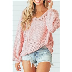 Розовый ажурный свитер с V-образным вырезом