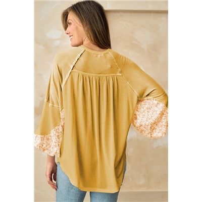 Beige Floral Colorblock Balloon Sleeve Exposed Seam Top