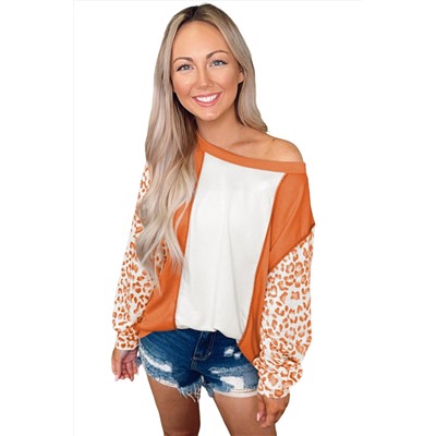 Orange Colorblock Leopard Sleeve Patchwork Top