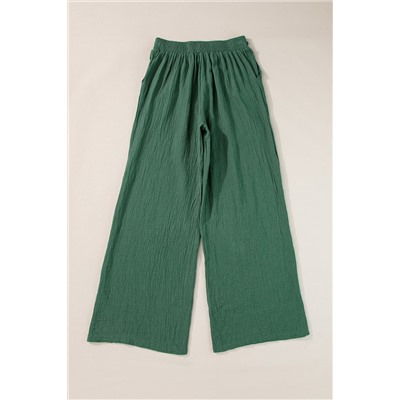 Mist Green Crinkle Textured Drawstring High Waist Wide Leg Pants