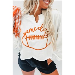 White Game Day Lettering Rugby Notched Neck Sweatshirt