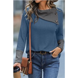 Sail Blue Waffle Knit Patchwork Colorblock Asymmetrical Neck Top