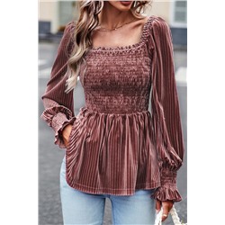 Pink Smocked Ribbed Velvet Babydoll Top