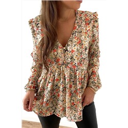 Khaki V Neck Ruffled Babydoll Floral Blouse