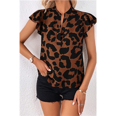 Brown Leopard Ruffled Flutter Sleeve Split Neck Blouse