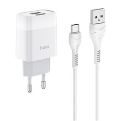 Адаптер Сетевой с кабелем Hoco C73A Glorious 2USB 2,4A/10W (USB/Type-C) (white)