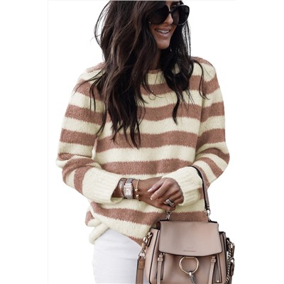 Brown Striped Round Neck Casual Sweater