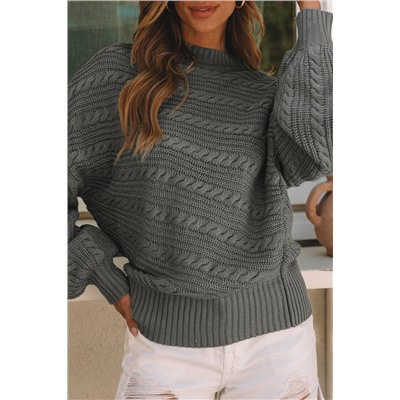 Gray Mock Neck Lantern Sleeve Cable Knit Sweater