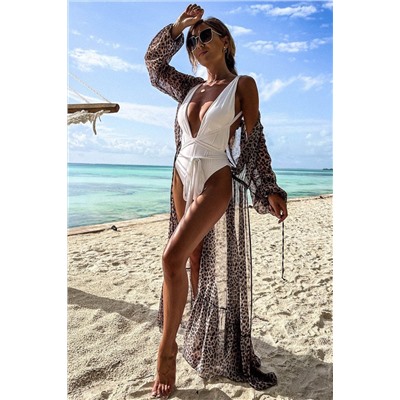 Длинное леопардовое пляжное платье со шнуровкой на талии