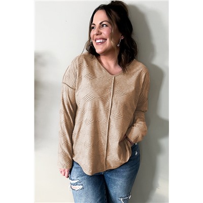 Khaki Plus Size Textured Drop Shoulder Exposed Seam Top