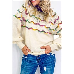 White Wavy Striped Pointelle Bishop Sleeve Sweater