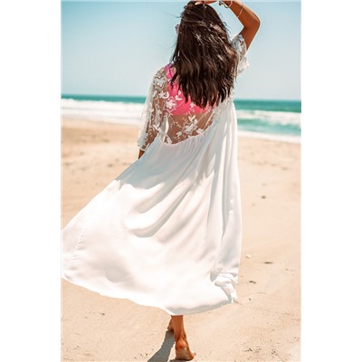 Белая открытая пляжная накидка-кимоно с кружевным цветочным узором