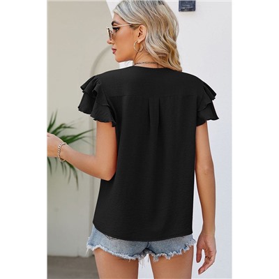 Black V Neck Ruffle Short Sleeve Blouse