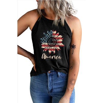 Черная майка халтер с принтом подсолнух цветах американского флага и надписью: America