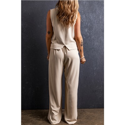 Apricot Elastic Waist Pleated Wide Leg Pants