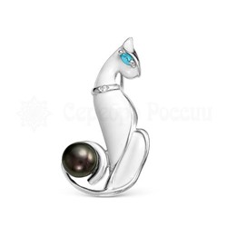 Брошь из серебра с эмалью, фианитами и жемчугом родированная - Кошка, Кошки 925 пробы Бр-047э белая ч/ж