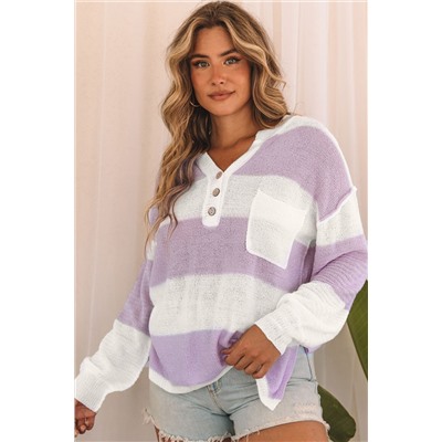 Pink Striped Knit Button Ribbed Split Neck Sweater