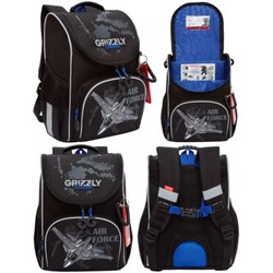Рюкзак 1-4 класс школьный RAm-485-3/2 "Самолет" черный - синий 25х33х13 см + сумка для сменной обуви GRIZZLY