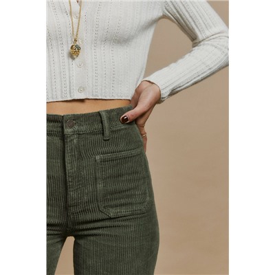 Green High Waist Square Pockets Corduroy Pants