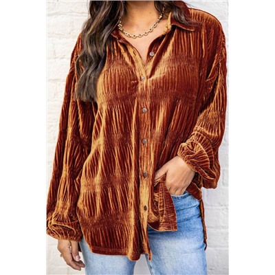 Brown Solid Color Textured Velvet Button Up Shirt