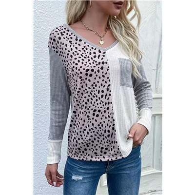 Leopard Patchwork Ribbed Color Block V Neck Top