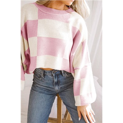 Pink Checkered Bishop Sleeve Sweater