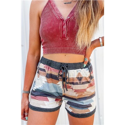 White Aztec Print Drawstring Waist Casual Shorts