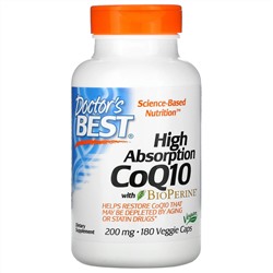 Doctor's Best, коэнзим Q10 с высокой степенью усвояемости, с BioPerine, 200 мг, 180 вегетарианских капсул