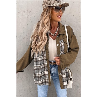 Brown Plaid Patchwork Pockets Denim Jacket